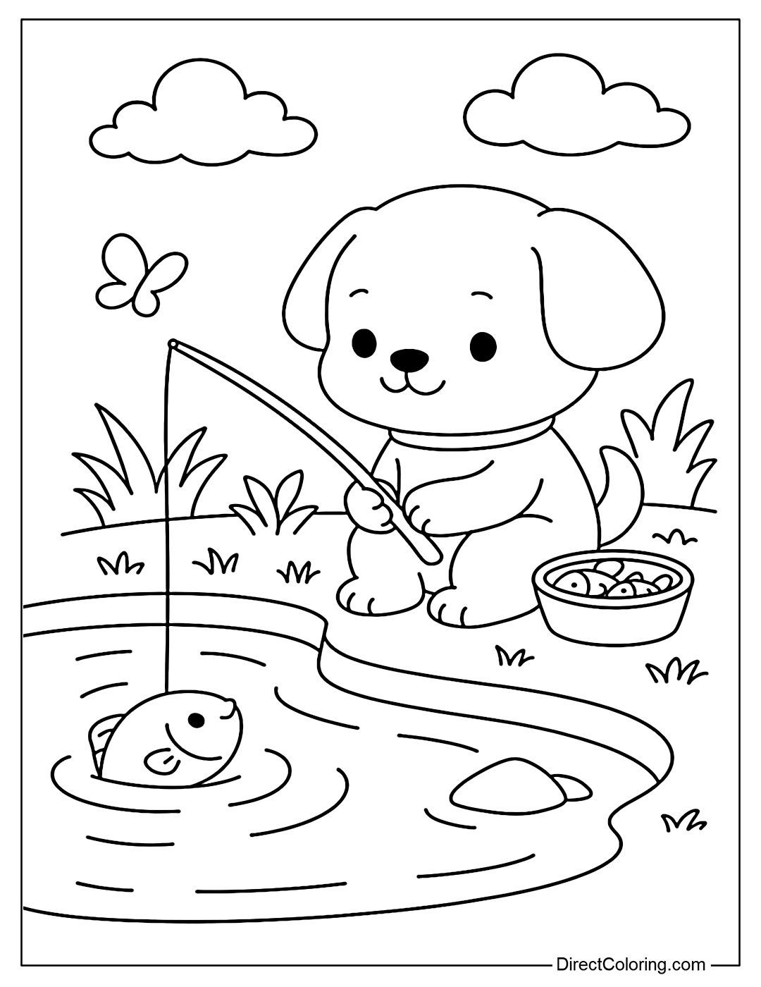 Coloring page of a puppy sitting by the pond, next to a bowl of small fish.
